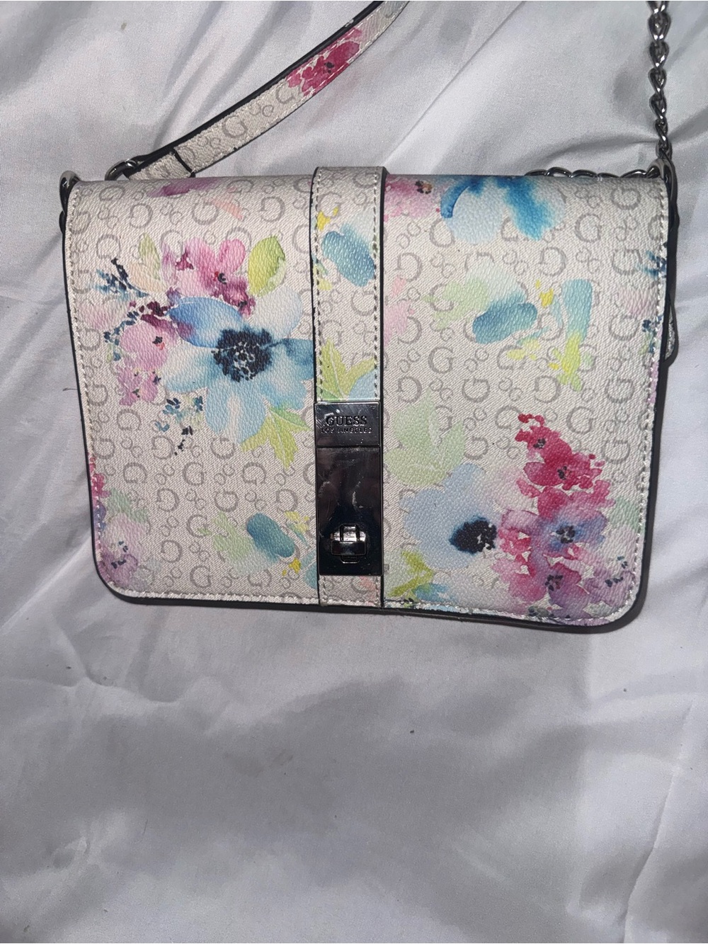 GUESS White Pastel Floral G Crossbody Adjustable Bag with Chain Strap
